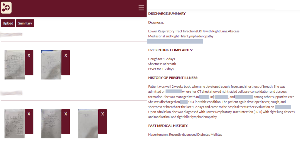 A screenshot showing automation of discharge summary from scanned handwritten inpatient nottes